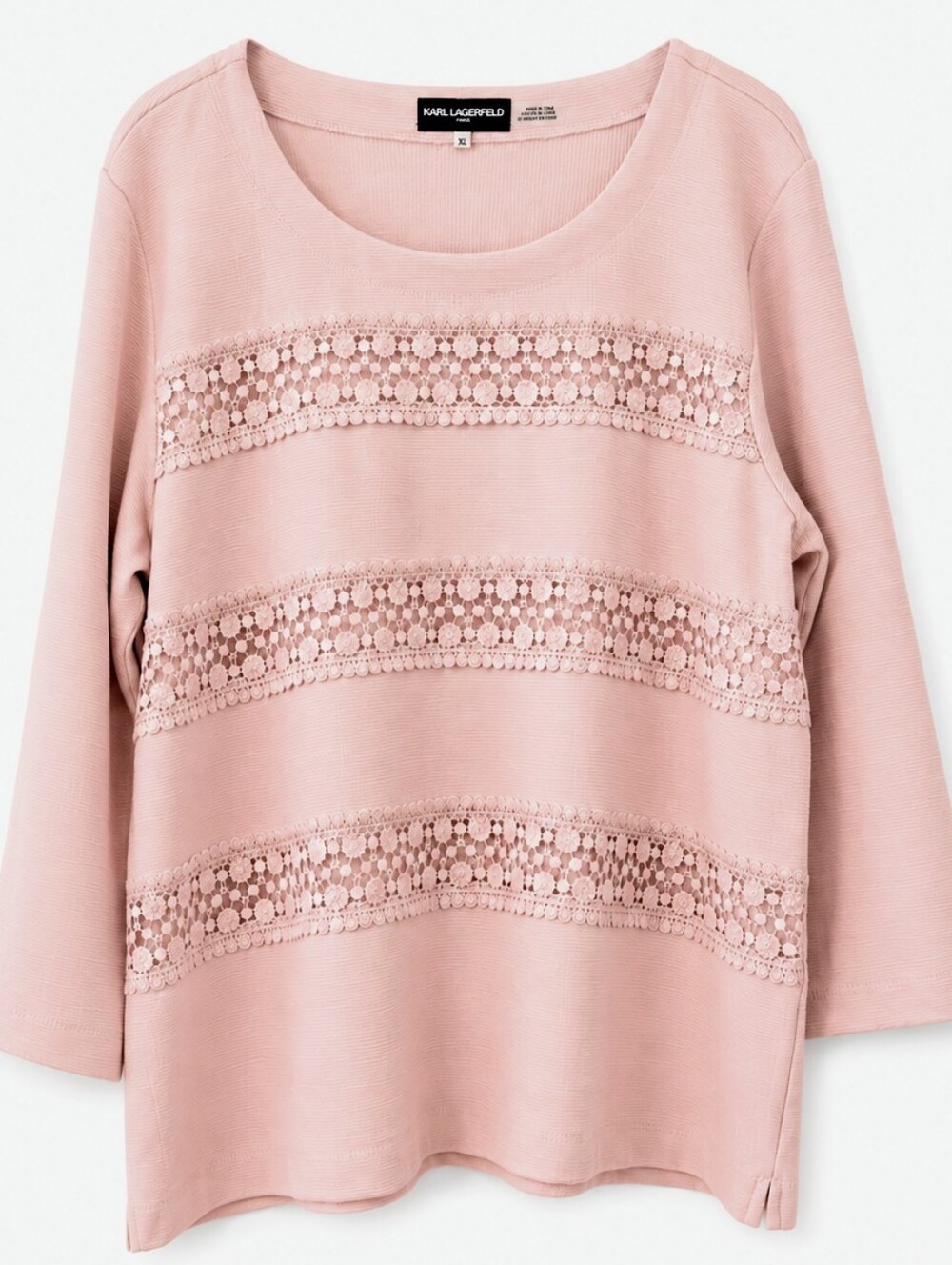 Karl Lagerfeld Blush Pink Lace-Stripe Scoop Neck Pullover